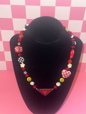 Handmade Red Beaded Statement Necklace